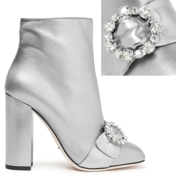 DOLCE & GABBANA BOOTS ANKLE METALLIC SILVER LEATHER JEWELED BUCKLE IT 38 US 7.5 - Picture 1 of 13